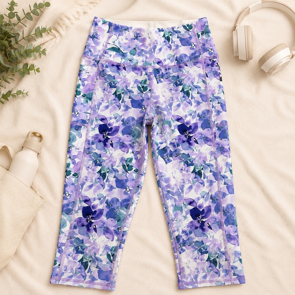 Skechers GOwalk GOFLEX High Waisted Capri Leggings Floral Blue Purple Medium NEW